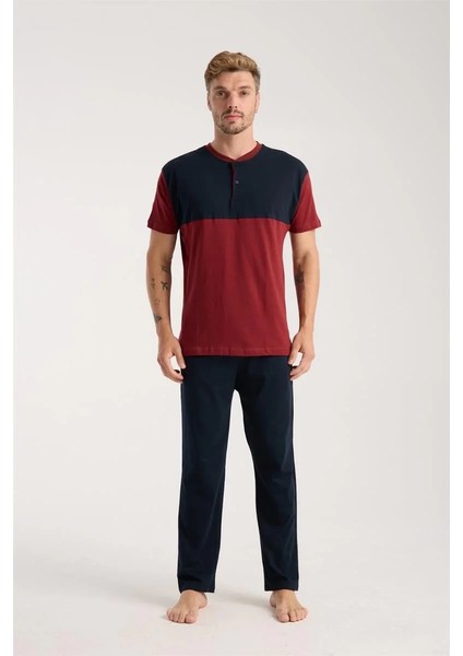 Erkek Bordo Düğmeli Yaka Kısa Kol Pijama Takımı