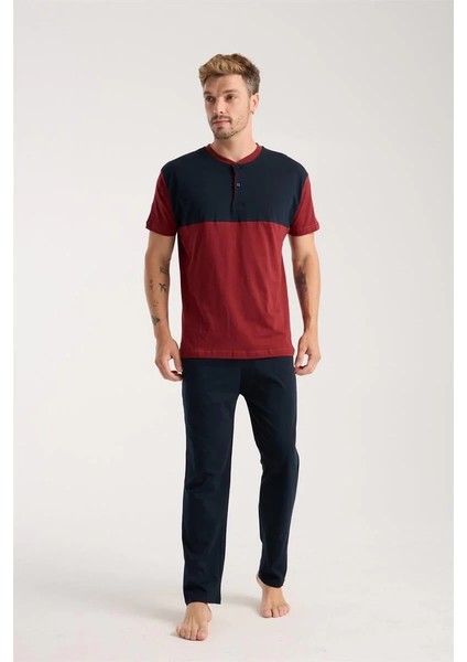 Erkek Bordo Düğmeli Yaka Kısa Kol Pijama Takımı fırsatları