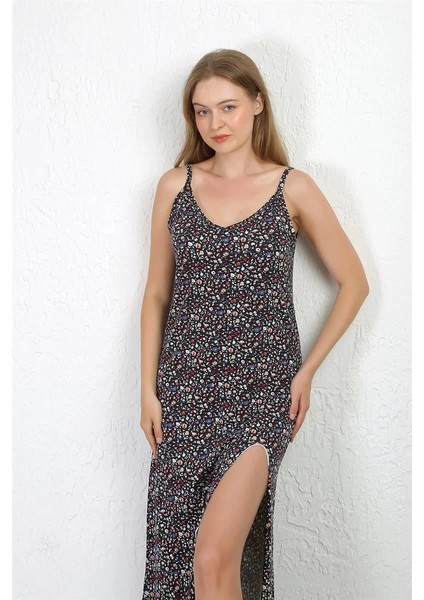 Ip Askılı Uzun Yırtmaçlı Penye Gecelik Lacivert