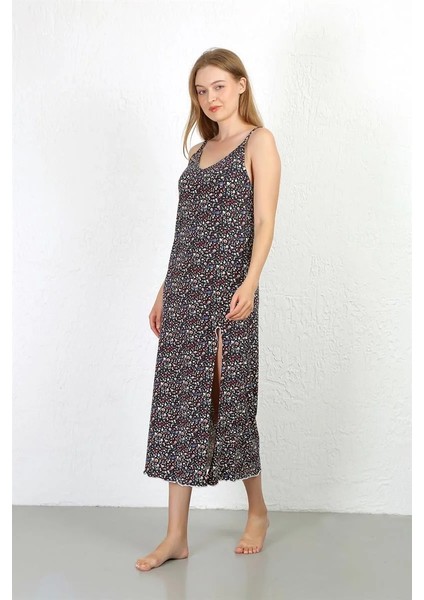 Ip Askılı Uzun Yırtmaçlı Penye Gecelik Lacivert indirimleri