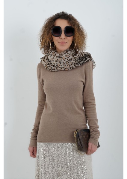 Koyu Vizon Melanj Kayık Yaka Kaşmirli Triko Kazak