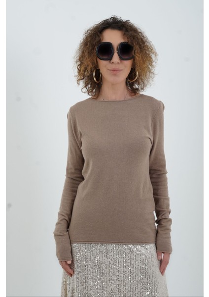 Koyu Vizon Melanj Kayık Yaka Kaşmirli Triko Kazak modelleri