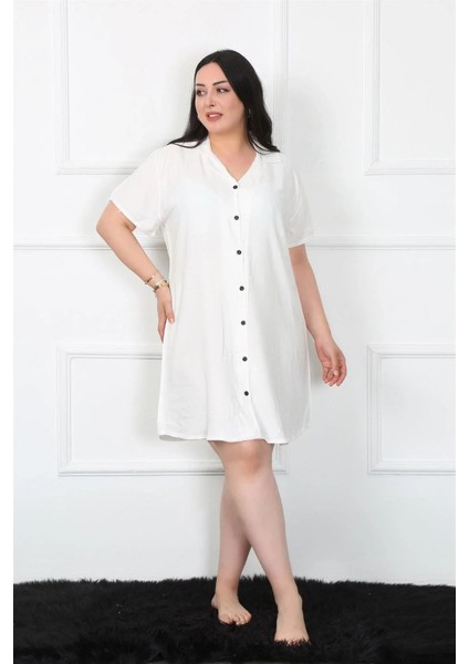 Büyük Beden Dokuma Düğmeli Beyaz Tunik Gecelik fiyatları