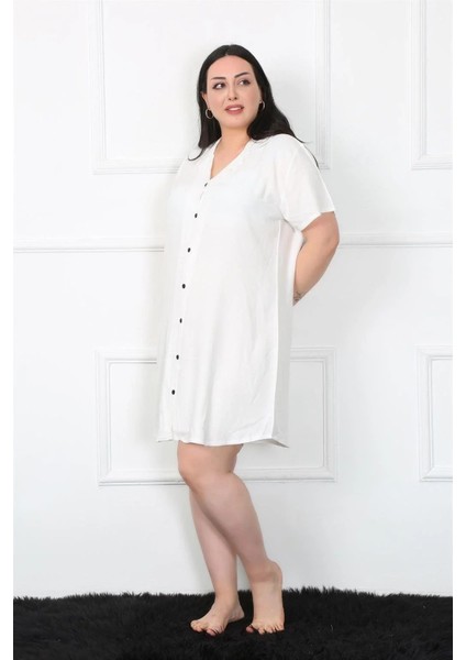 Büyük Beden Dokuma Düğmeli Beyaz Tunik Gecelik modelleri