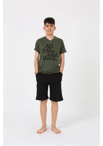 Erkek Genç Garson Boy Kısa Kol Haki Penye Şortlu Pijama Takımı