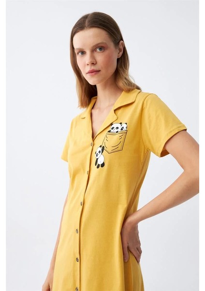 Kadın Pamuk Penye Kısa Kol Düğmeli Sarı Tunik Gecelik indirimleri