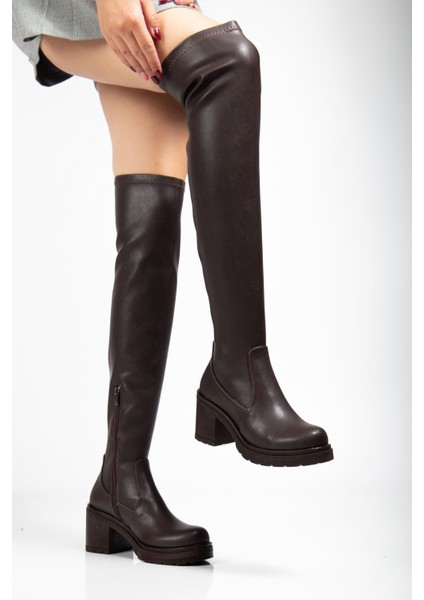 ZRİN-3010 Premium Kahve Streç Günlük Kalın Topuklu Uzun Kadın Çizme