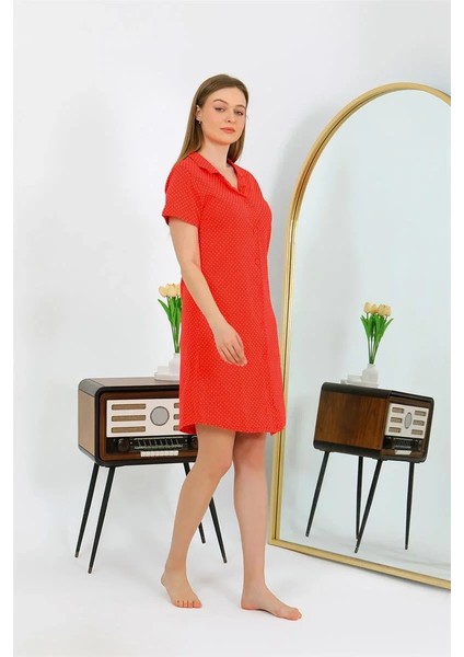 Kadın Pamuk Penye Kısa Kol Düğmeli Kırmızı Tunik Gecelik