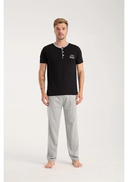 Erkek Siyah Düğmeli Yaka Kısa Kol Pijama Takımı
