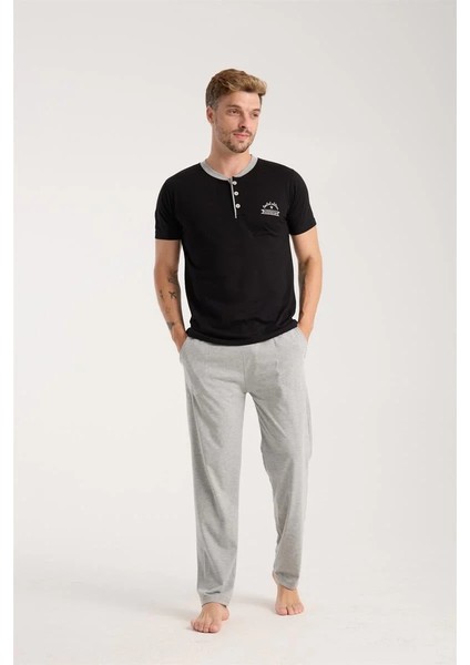 Erkek Siyah Düğmeli Yaka Kısa Kol Pijama Takımı fiyatları