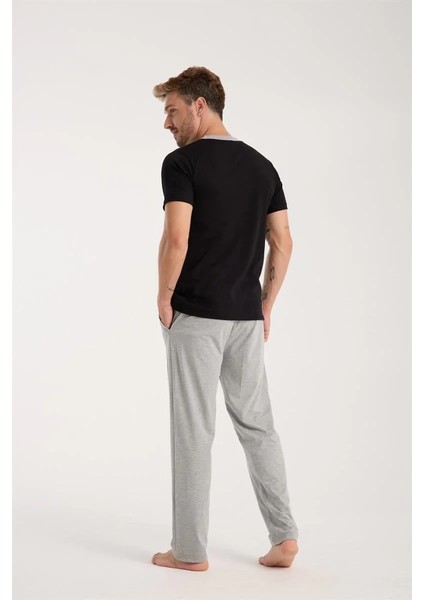 Erkek Siyah Düğmeli Yaka Kısa Kol Pijama Takımı fırsatları