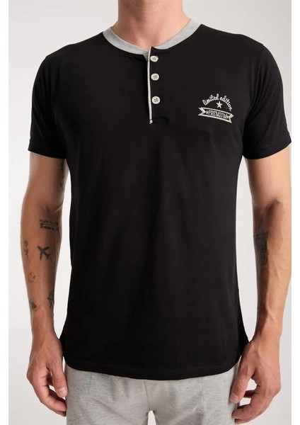 Erkek Siyah Düğmeli Yaka Kısa Kol Pijama Takımı indirimleri