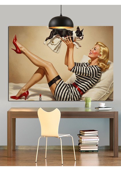 Retro Pin-Up Kız Çizimi Dekoratif Kanvas - Mdf Ahşap Tablo