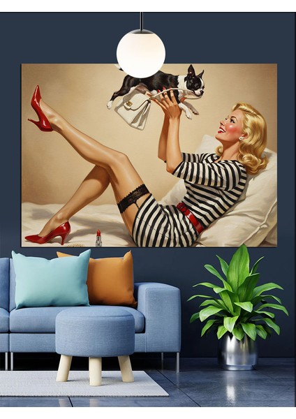 Retro Pin-Up Kız Çizimi Dekoratif Kanvas - Mdf Ahşap Tablo fiyatları