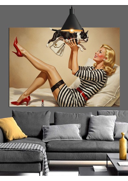 Retro Pin-Up Kız Çizimi Dekoratif Kanvas - Mdf Ahşap Tablo fırsatları