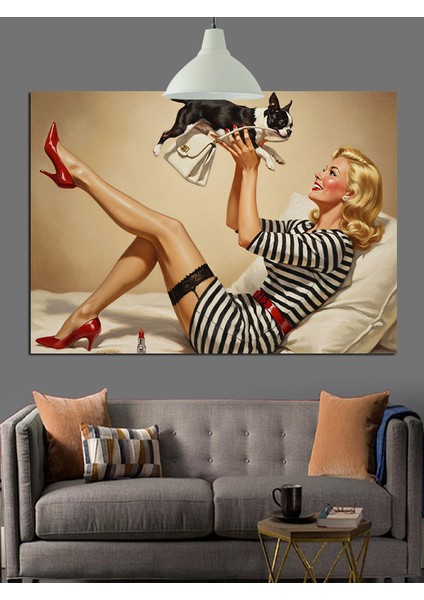 Retro Pin-Up Kız Çizimi Dekoratif Kanvas - Mdf Ahşap Tablo indirimleri