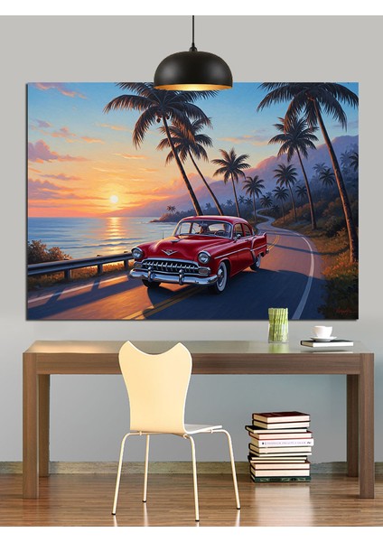 Gün Batımı Plajında Klasik Araba Dekoratif Kanvas - Mdf Ahşap Tablo fiyatları