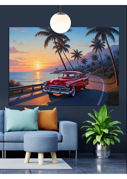 Gün Batımı Plajında Klasik Araba Dekoratif Kanvas - Mdf Ahşap Tablo modelleri