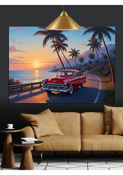 Gün Batımı Plajında Klasik Araba Dekoratif Kanvas - Mdf Ahşap Tablo fırsatları