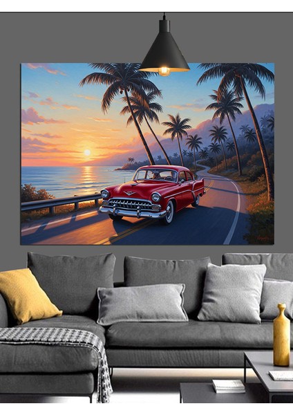 Gün Batımı Plajında Klasik Araba Dekoratif Kanvas - Mdf Ahşap Tablo indirimleri