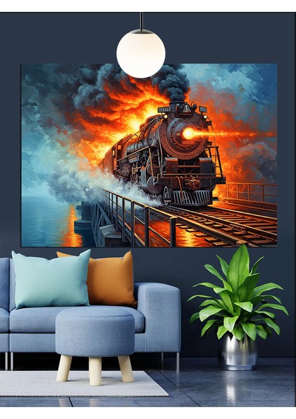 Kırmızı Tren Dumanla Ilerliyor Dekoratif Kanvas - Mdf Ahşap Tablo