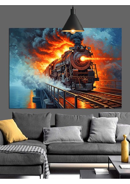 Kırmızı Tren Dumanla Ilerliyor Dekoratif Kanvas - Mdf Ahşap Tablo modelleri