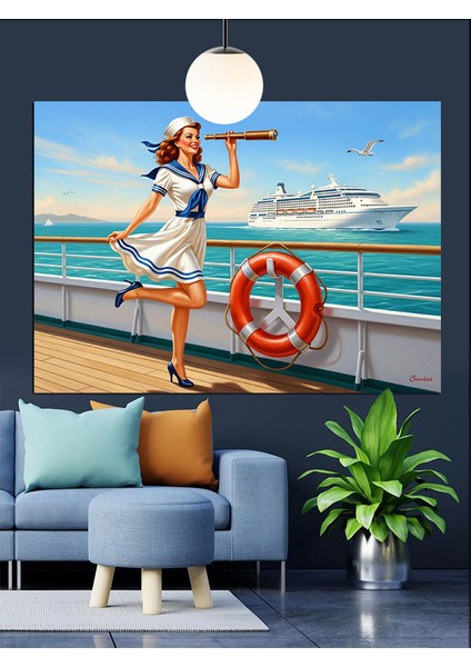 Kruvaziyer Gemisinde Can Simidi Tutan Kadın Dekoratif Kanvas - Mdf Ahşap Tablo