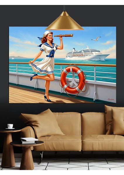 Kruvaziyer Gemisinde Can Simidi Tutan Kadın Dekoratif Kanvas - Mdf Ahşap Tablo fiyatları