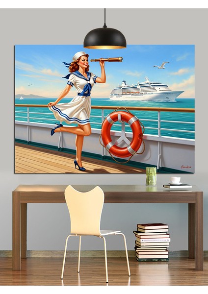 Kruvaziyer Gemisinde Can Simidi Tutan Kadın Dekoratif Kanvas - Mdf Ahşap Tablo indirimleri