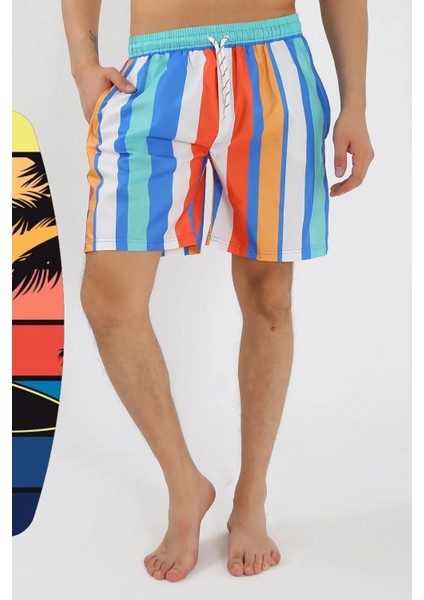 Erkek Desenli Fermuar Cepli Deniz Şortu Mavi modelleri