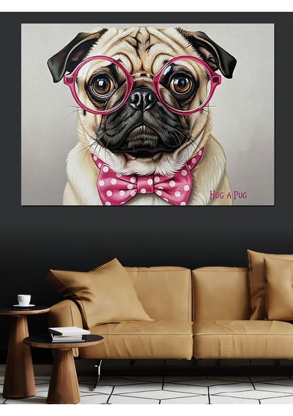 Pembe Gözlüklü ve Papyonlu Pug Köpek Portresi Dekoratif Kanvas - Mdf Ahşap Tablo