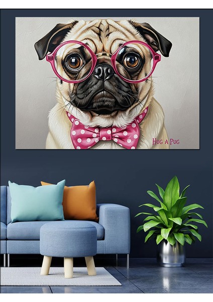 Pembe Gözlüklü ve Papyonlu Pug Köpek Portresi Dekoratif Kanvas - Mdf Ahşap Tablo fiyatları