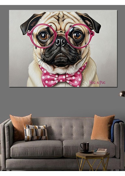 Pembe Gözlüklü ve Papyonlu Pug Köpek Portresi Dekoratif Kanvas - Mdf Ahşap Tablo modelleri
