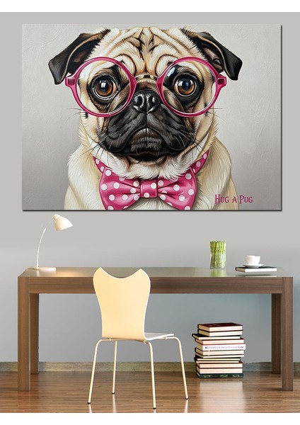 Pembe Gözlüklü ve Papyonlu Pug Köpek Portresi Dekoratif Kanvas - Mdf Ahşap Tablo fırsatları