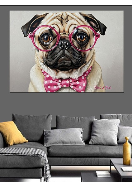 Pembe Gözlüklü ve Papyonlu Pug Köpek Portresi Dekoratif Kanvas - Mdf Ahşap Tablo indirimleri