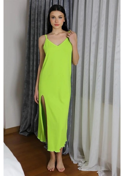 Kadın Ip Askılı Uzun Yırtmaçlı Pamuk Penye Gecelik Yeşil