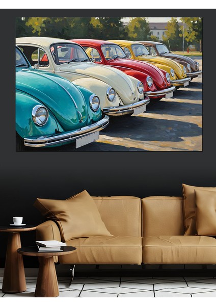Sıralı Klasik Renkli Vosvos Arabalar Dekoratif Kanvas - Mdf Ahşap Tablo