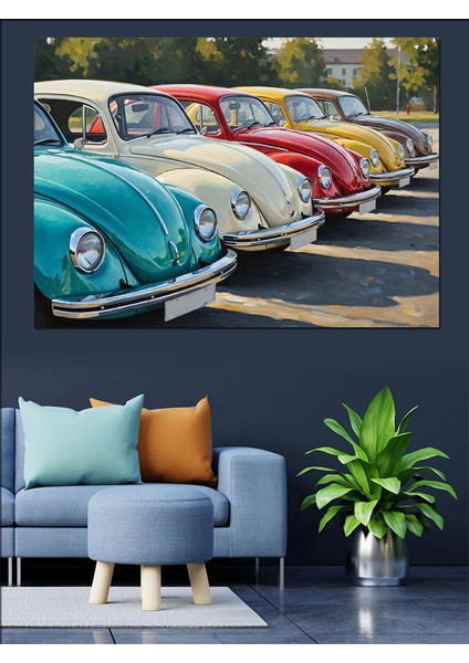 Sıralı Klasik Renkli Vosvos Arabalar Dekoratif Kanvas - Mdf Ahşap Tablo fiyatları