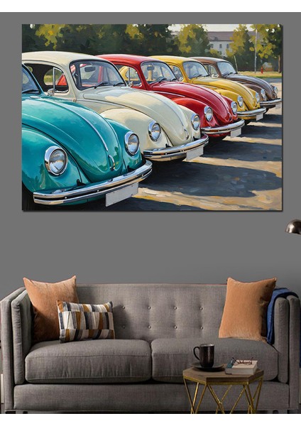 Sıralı Klasik Renkli Vosvos Arabalar Dekoratif Kanvas - Mdf Ahşap Tablo modelleri