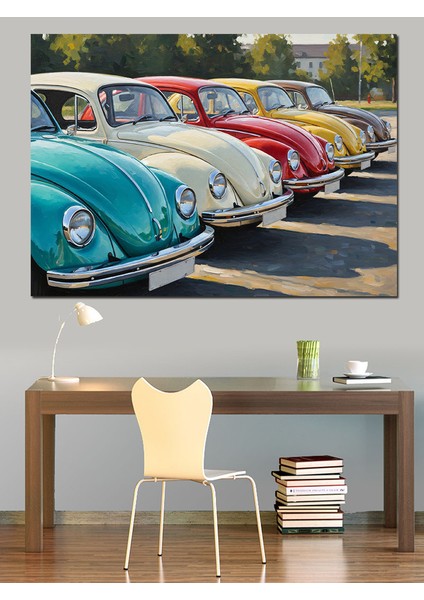 Sıralı Klasik Renkli Vosvos Arabalar Dekoratif Kanvas - Mdf Ahşap Tablo fırsatları
