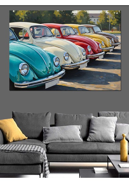 Sıralı Klasik Renkli Vosvos Arabalar Dekoratif Kanvas - Mdf Ahşap Tablo indirimleri