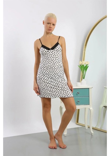 Kadın Penye Desenli Ip Askılı Gecelik