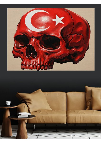 Türk Bayraklı Kırmızı Kafatası Illüstrasyon Dekoratif Kanvas - Mdf Ahşap Tablo