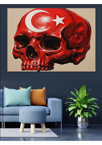 Türk Bayraklı Kırmızı Kafatası Illüstrasyon Dekoratif Kanvas - Mdf Ahşap Tablo fiyatları