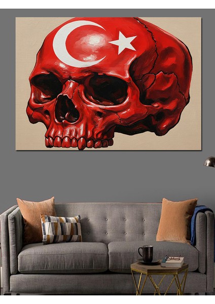 Türk Bayraklı Kırmızı Kafatası Illüstrasyon Dekoratif Kanvas - Mdf Ahşap Tablo modelleri