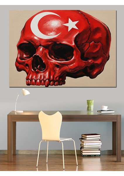 Türk Bayraklı Kırmızı Kafatası Illüstrasyon Dekoratif Kanvas - Mdf Ahşap Tablo fırsatları