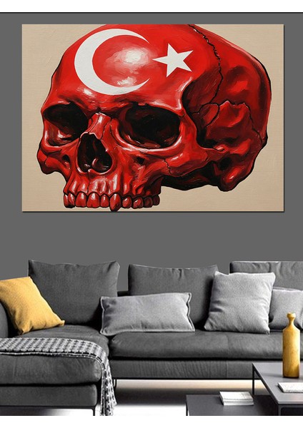 Türk Bayraklı Kırmızı Kafatası Illüstrasyon Dekoratif Kanvas - Mdf Ahşap Tablo indirimleri