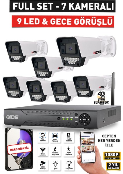 7 Kameralı 1080P Fullhd 5mp Lensli 9 LED Gece Görüşlü Güvenlik Kamerası Seti - Hard Disksiz