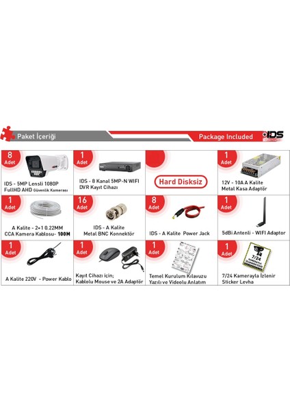 7 Kameralı 1080P Fullhd 5mp Lensli 9 LED Gece Görüşlü Güvenlik Kamerası Seti - Hard Disksiz fiyatları