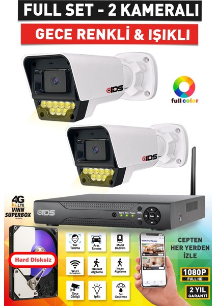 2 Kameralı Fullhd Güvenlik Kamerası Seti - Renkli Gece Görüşlü 9 LED - Cepten Izle - Nohdd